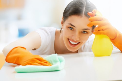 Domestic cleaner working in a Chiswick kitchen and living area