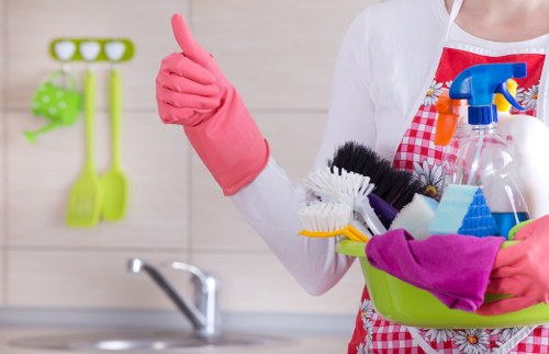 Professional carpet cleaner working on a living room carpet